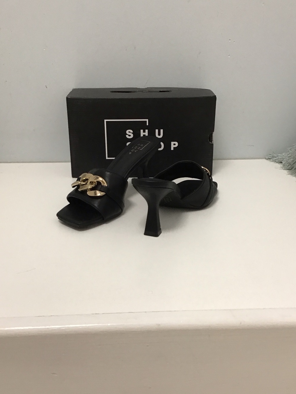 ShuShop heliana Black Slide Heels with Gold Chain Accent
